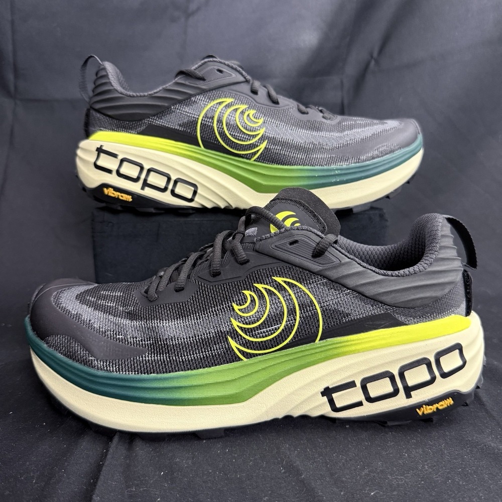 Topo Vista Mens Size 9 Black Lime Trail Running Hiking Shoes 5mm Drop Vibram